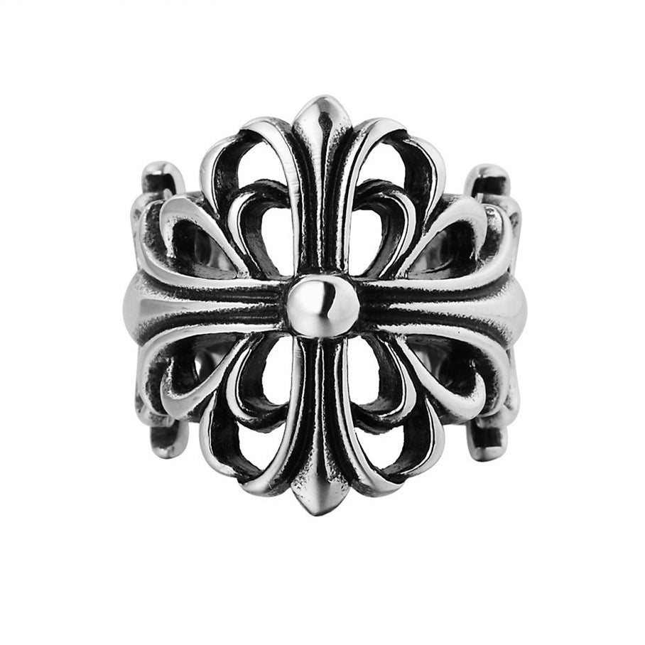 Hollow Croix Cross Flower Opening Titanium Steel Ring for Men