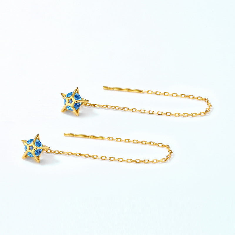 Round Blue Spinel Geometric Hollow Star Pendant Sterling Silver Ear Line Earrings