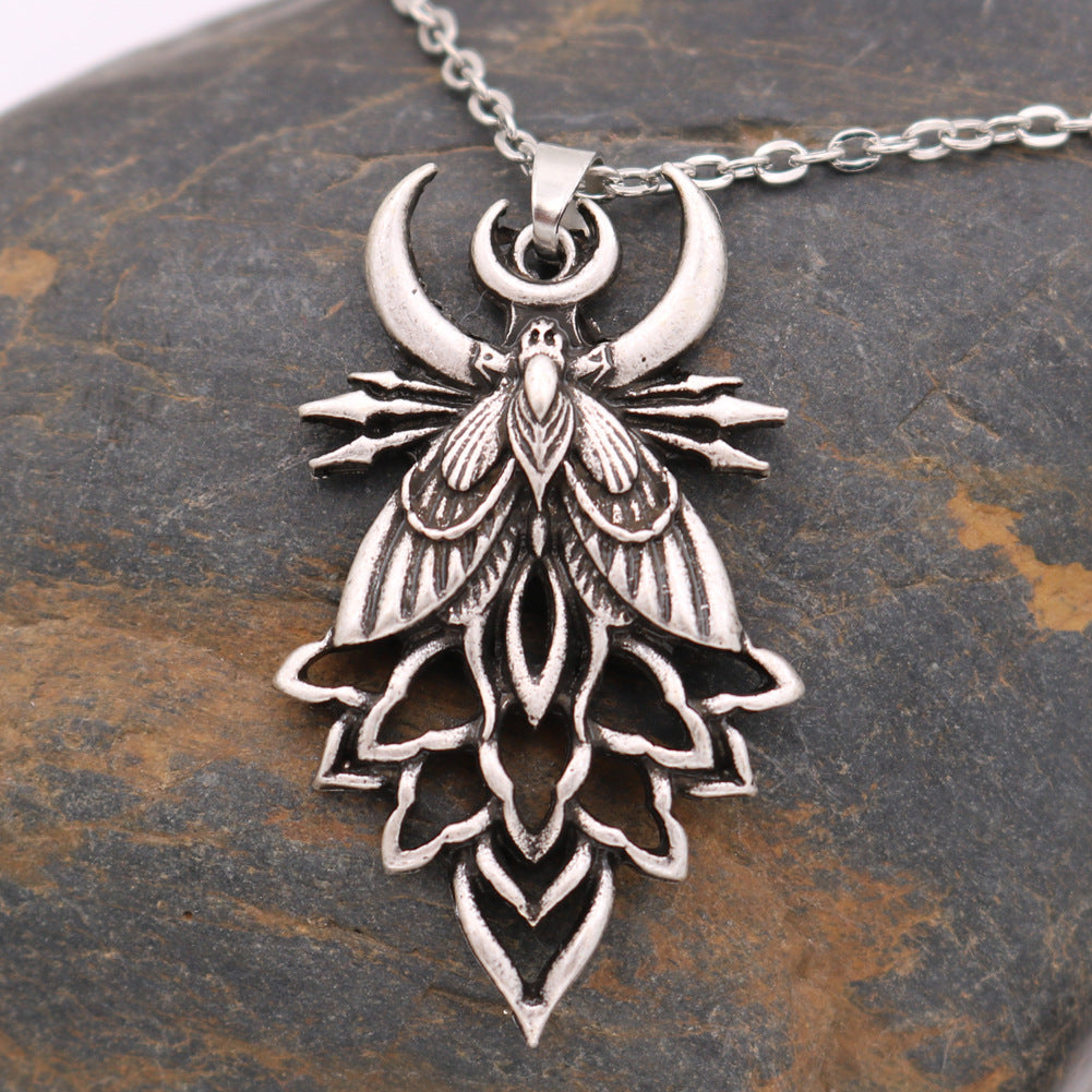 Gothic Death Moth and Skull Moon Pendant Necklace for Men