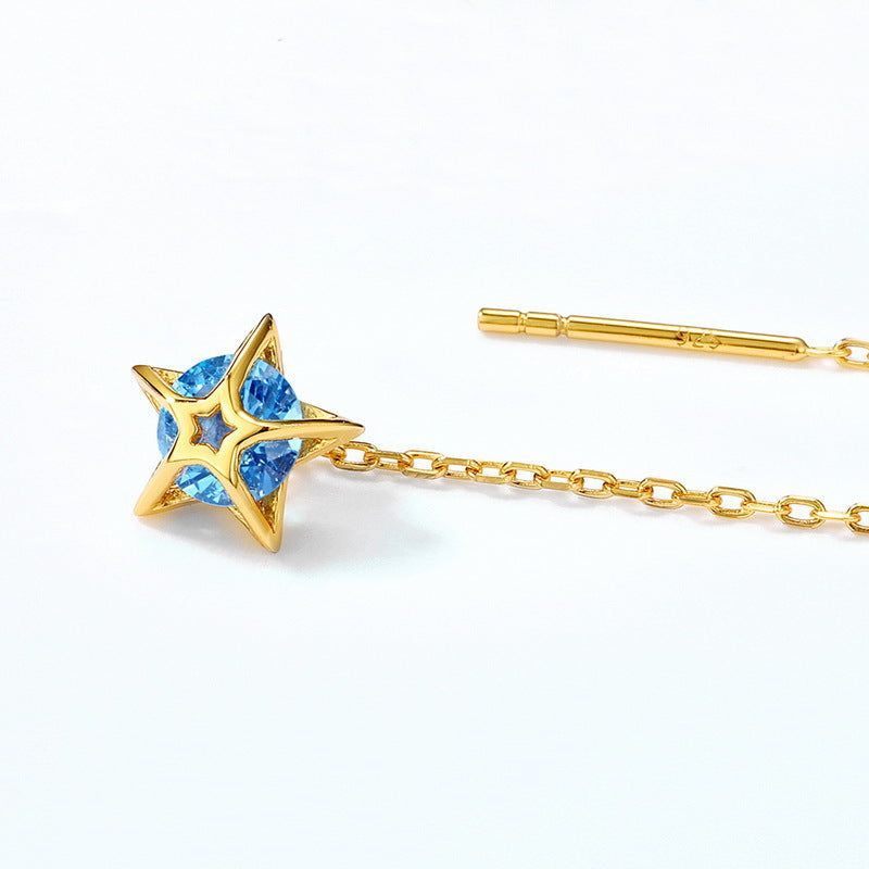 Round Blue Spinel Geometric Hollow Star Pendant Sterling Silver Ear Line Earrings