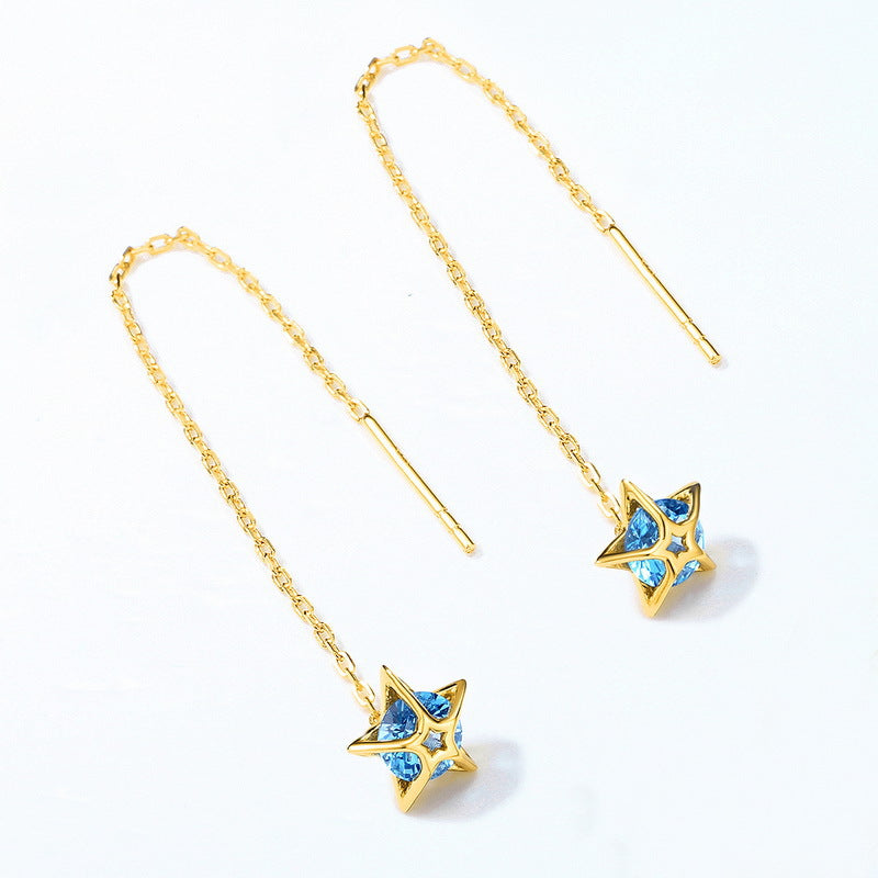 Round Blue Spinel Geometric Hollow Star Pendant Sterling Silver Ear Line Earrings