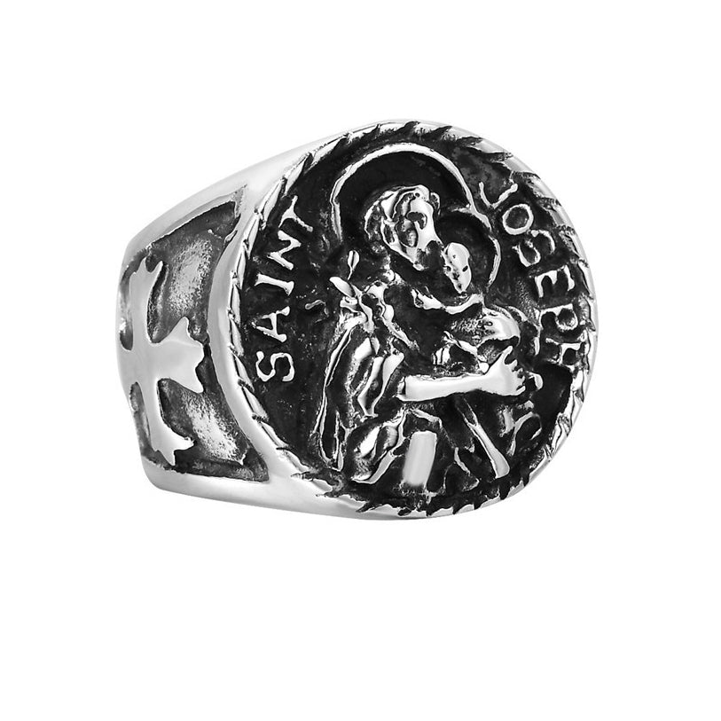 Relief Saint Joseph Holy Latin Cross Titanium Steel Ring for Men