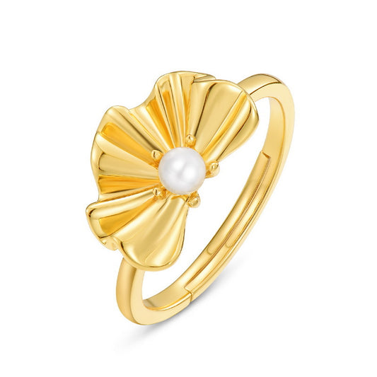Round Pearl Gesang Flower Petal Opening Sterling Silver Ring