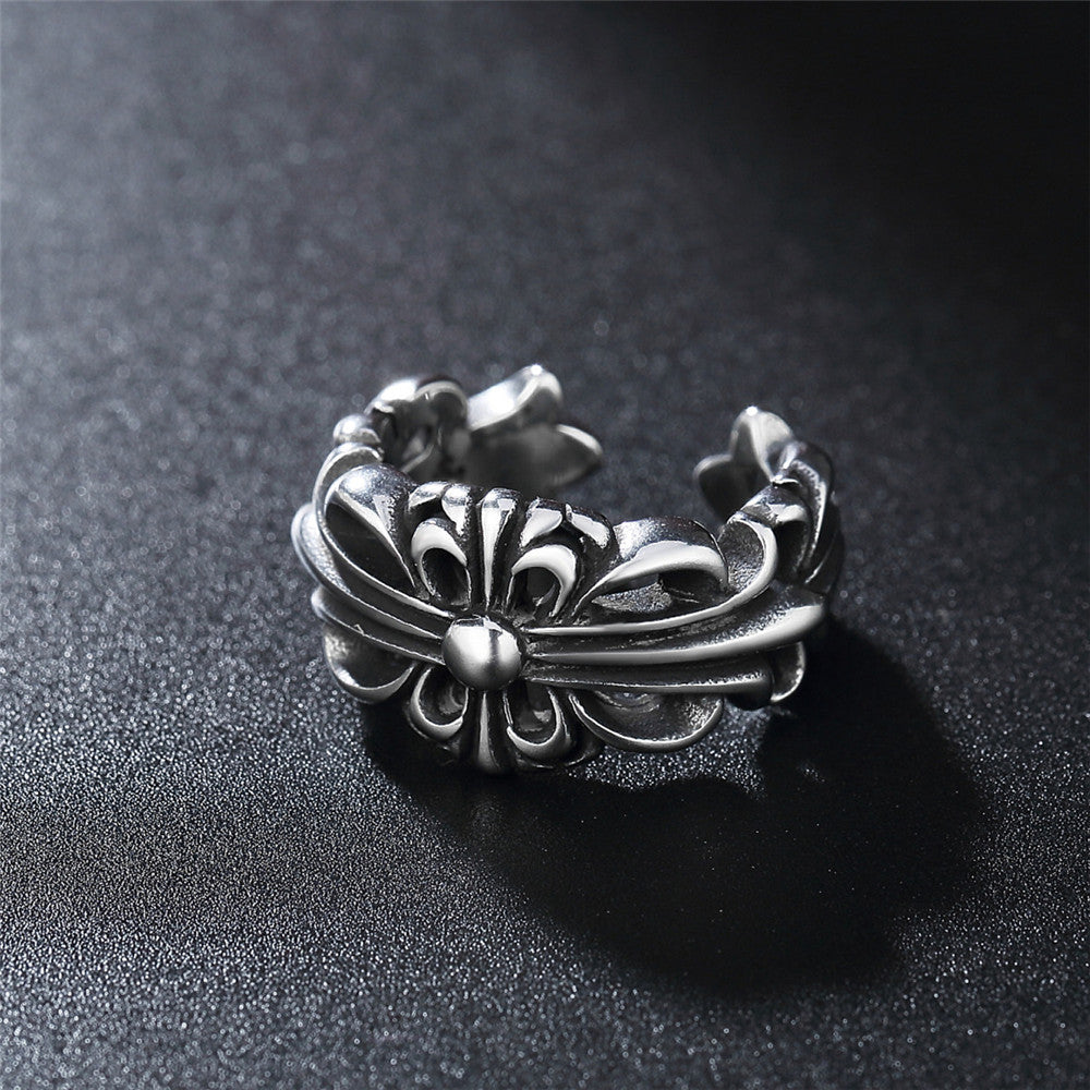 Hollow Cross Flower Open Titanium Steel Ring for Men