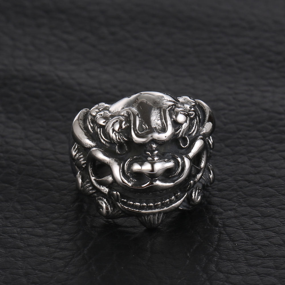 Trendy Titanium Steel Wide Ring with Retro Lucky Unicorn Design for Men