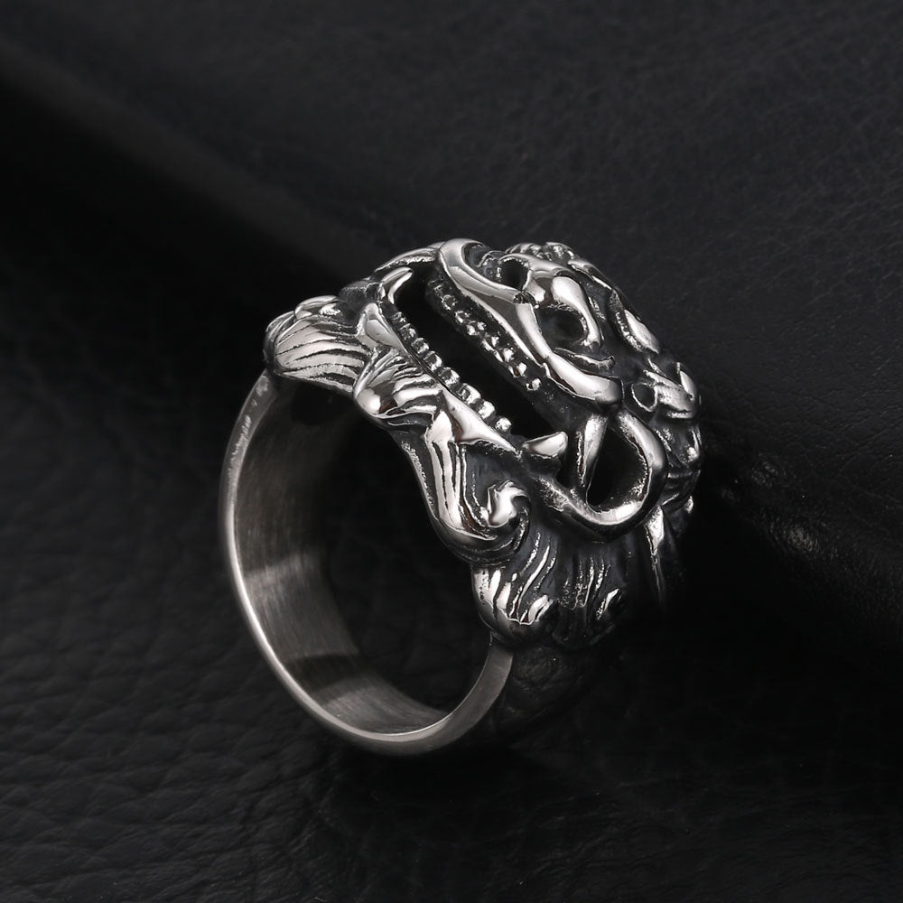 Trendy Titanium Steel Wide Ring with Retro Lucky Unicorn Design for Men