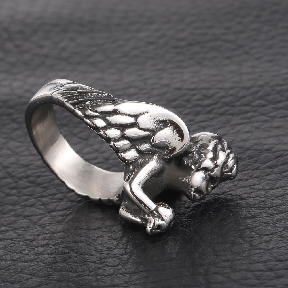 Personalized Titanium Steel Winged Angel Ring for Men - European and American Cross-Border Design