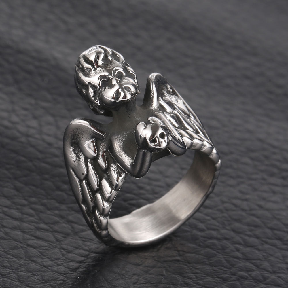 Personalized Titanium Steel Winged Angel Ring for Men - European and American Cross-Border Design