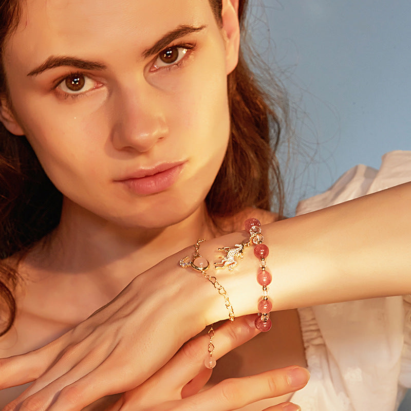 Unicorn Crystal Bracelet with Strawberry and Peach Blossom Gems - Sterling Silver Female Student Gift