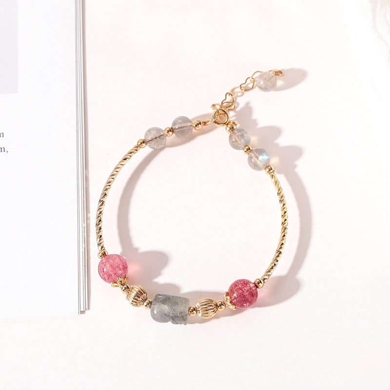 Strawberry Crystal Moonstone Pixiu Fortune Transfer Bracelet - Sterling Silver Niche Design