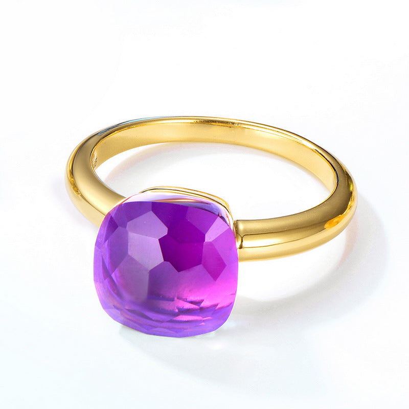 Candy Square Synthetic Crystal Golden Colour Sterling Silver Ring