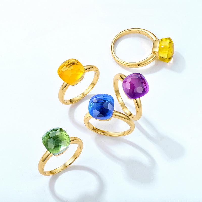 Candy Square Synthetic Crystal Golden Colour Sterling Silver Ring