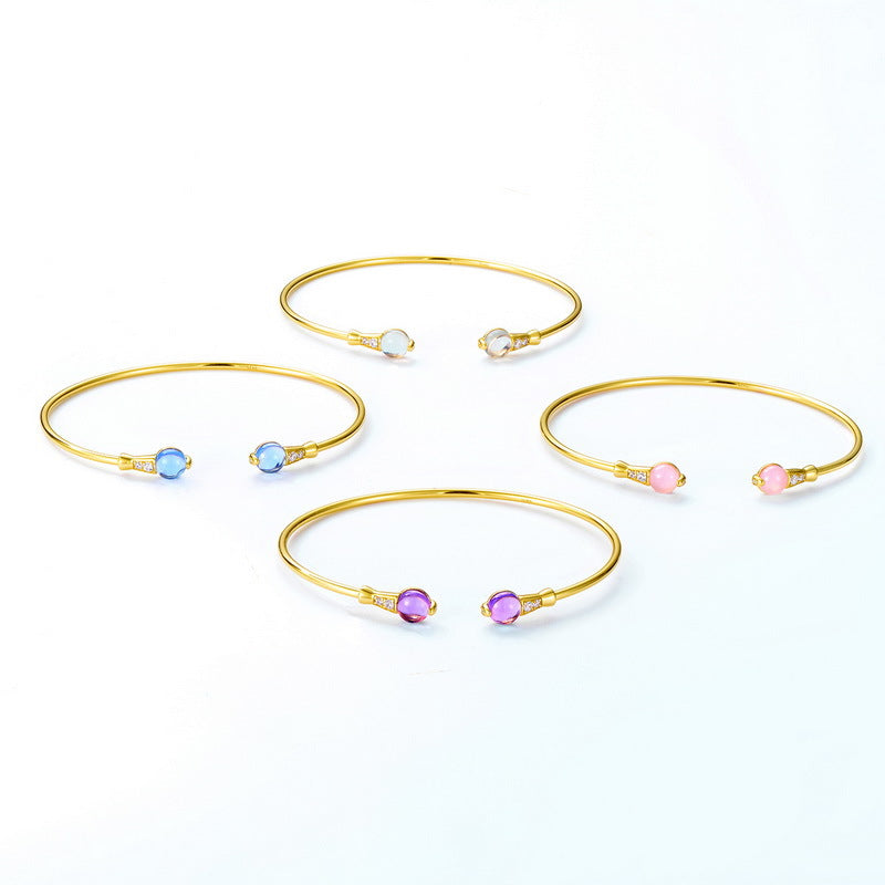 Colourful Round Crystal Zircon Golden Opening Sterling Silver Bracelet