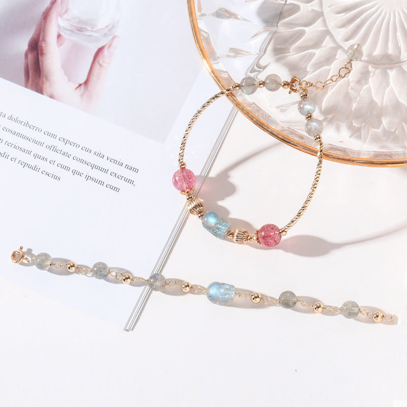 Strawberry Crystal Moonstone Pixiu Fortune Transfer Bracelet - Sterling Silver Niche Design