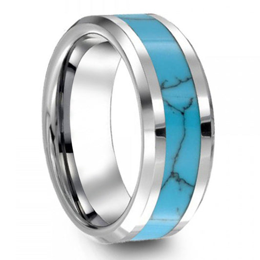 Turquoise Blue Titanium Steel Couple Rings Set - Korean Style Wedding Jewelry