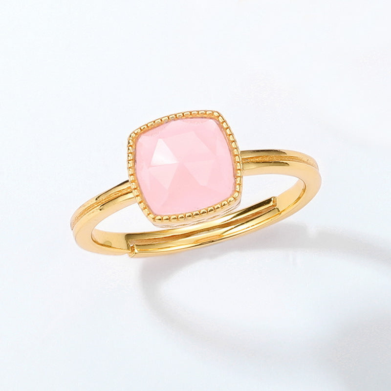 Simple Square Pink Crystal Opening Silver Ring