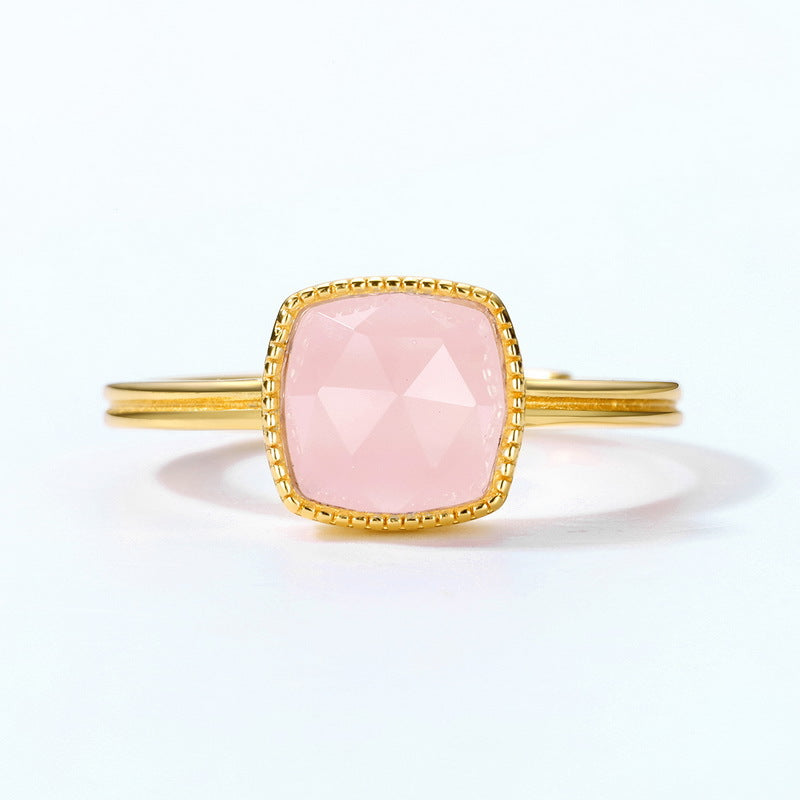 Simple Square Pink Crystal Opening Silver Ring