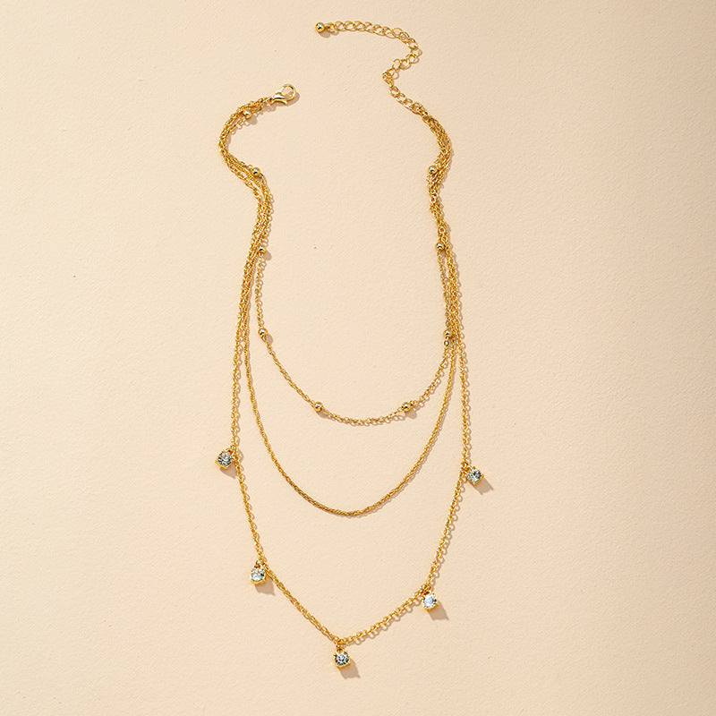 Elegant Three-Layer Gemstone Diamond Necklace - European Style