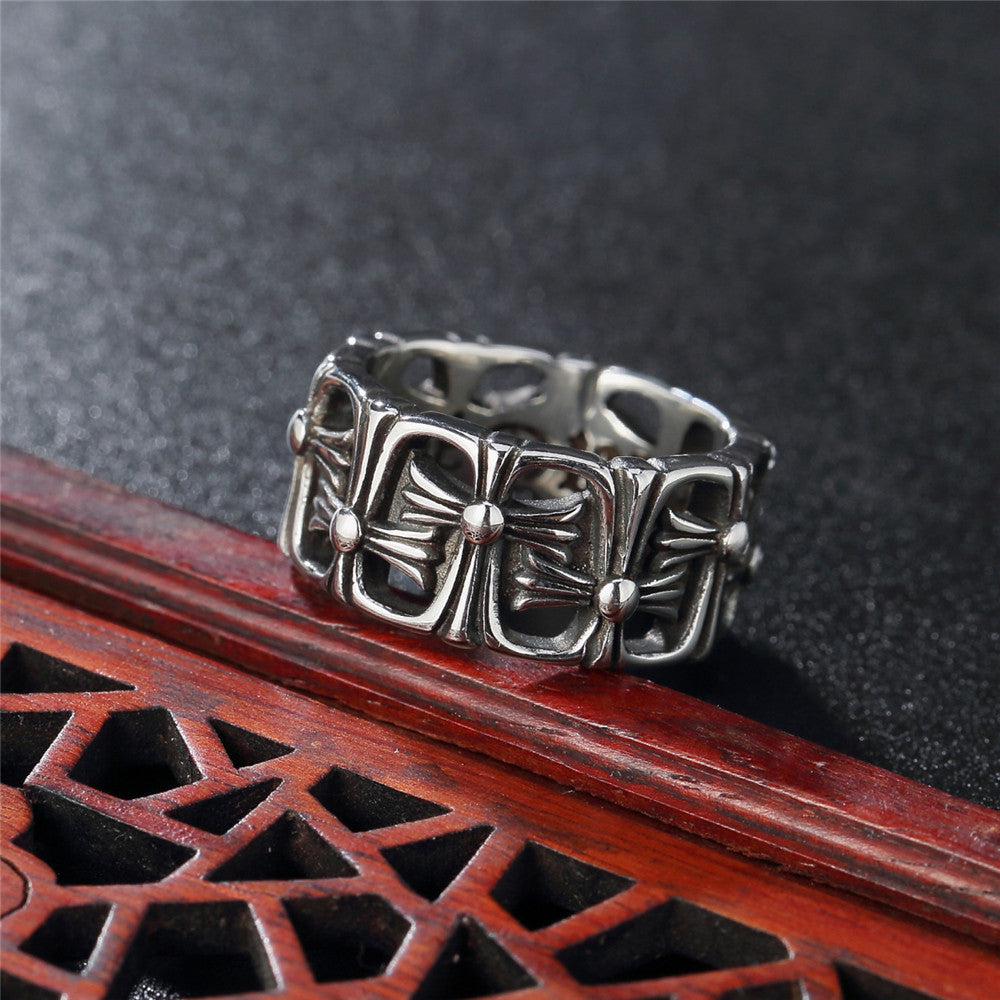 Forward Reverse Connected Cross Flower Titanium Steel Ring for Men