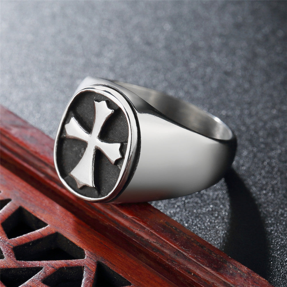 Holy Latin Cross Arc Rectangle Titanium Steel Ring for Men