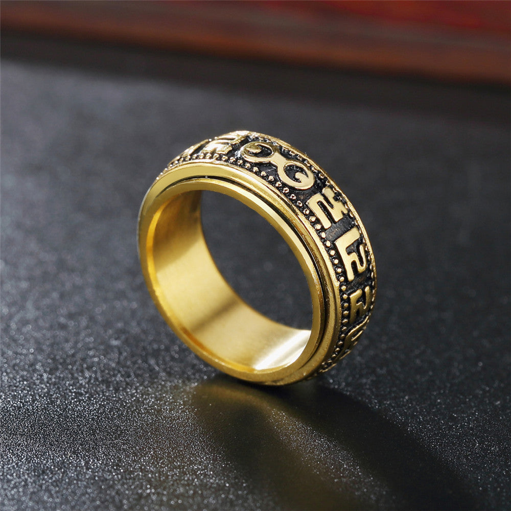 Vintage Six Character Mantra Stainless Steel Men's Ring