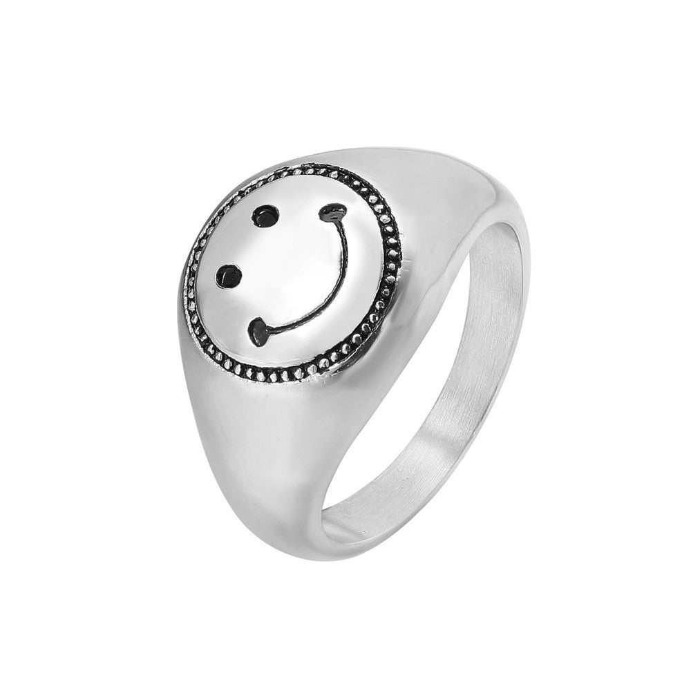 Yellow Smiley Face Expression Titanium Steel Ring with Hip Hop Style