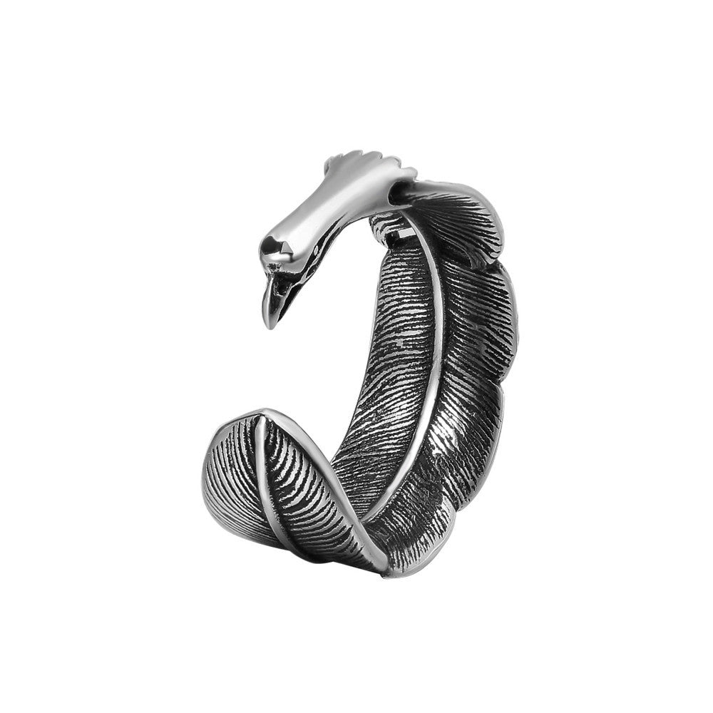 Retro Titanium Steel Ring with Feather Design