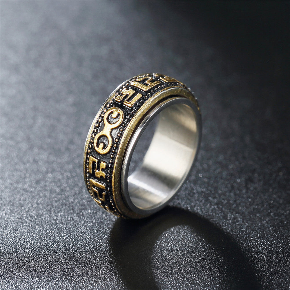 Vintage Six Character Mantra Stainless Steel Men's Ring