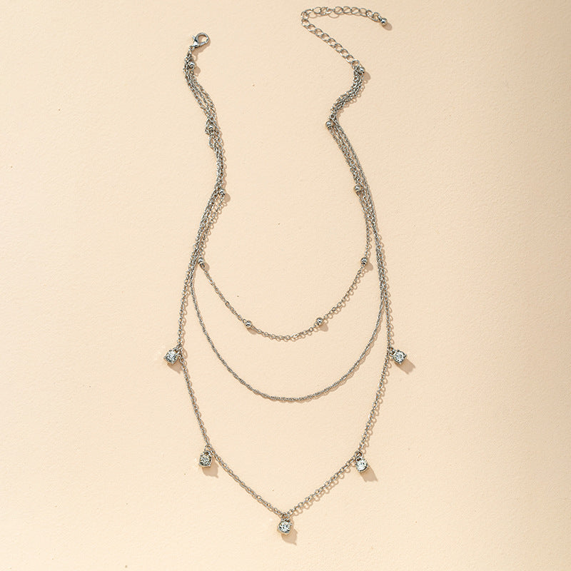 Elegant Three-Layer Gemstone Diamond Necklace - European Style