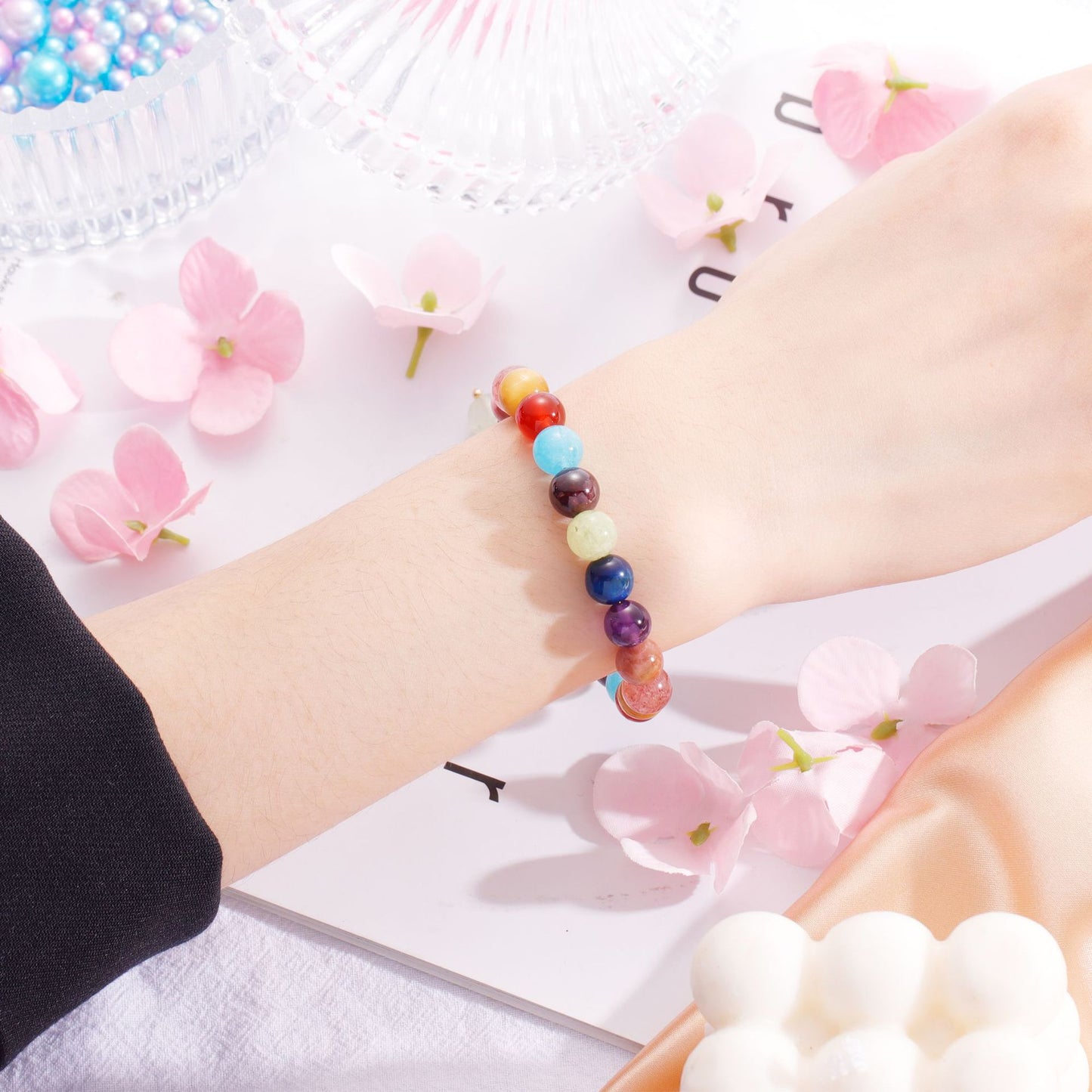 Rainbow Crystal and Red Agate Sterling Silver Bracelet