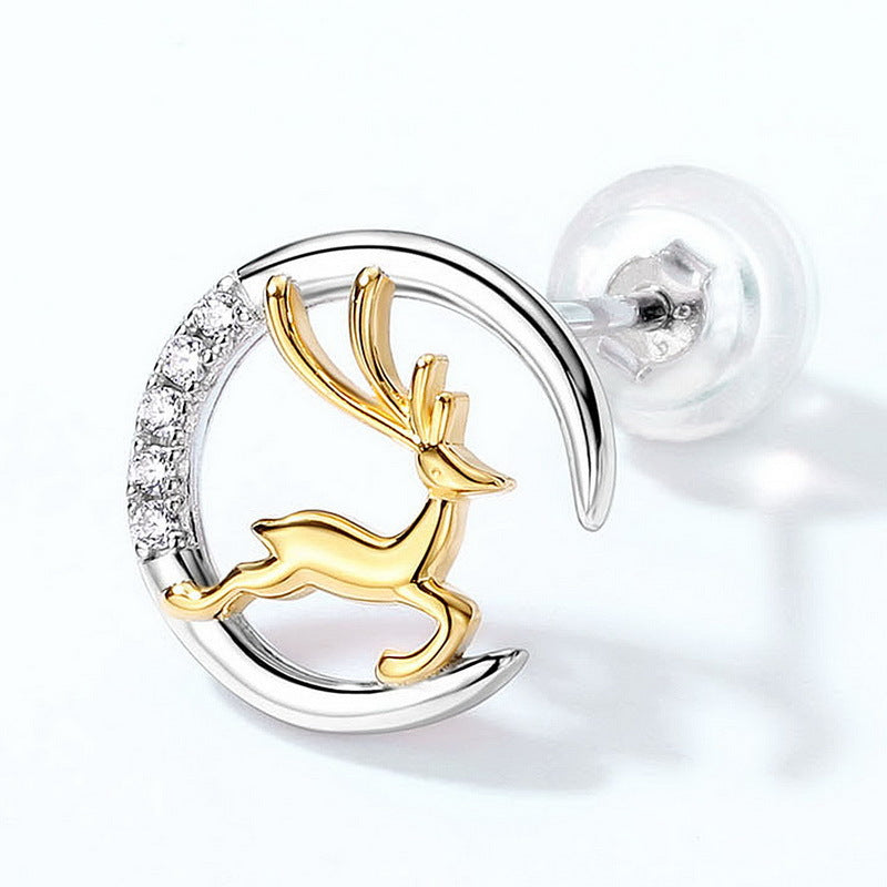 Zircon Moon Golden Elk Sterling Silver Stud Earrings