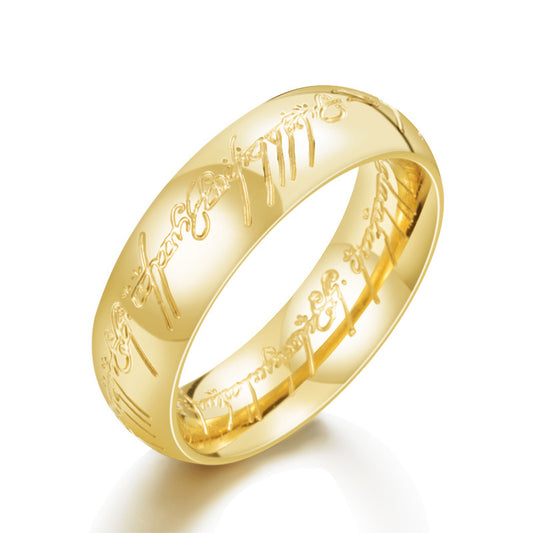 Customizable 24k Gold-Plated Titanium Steel Men's Ring Featuring 3D Lord of the Rings Engraving