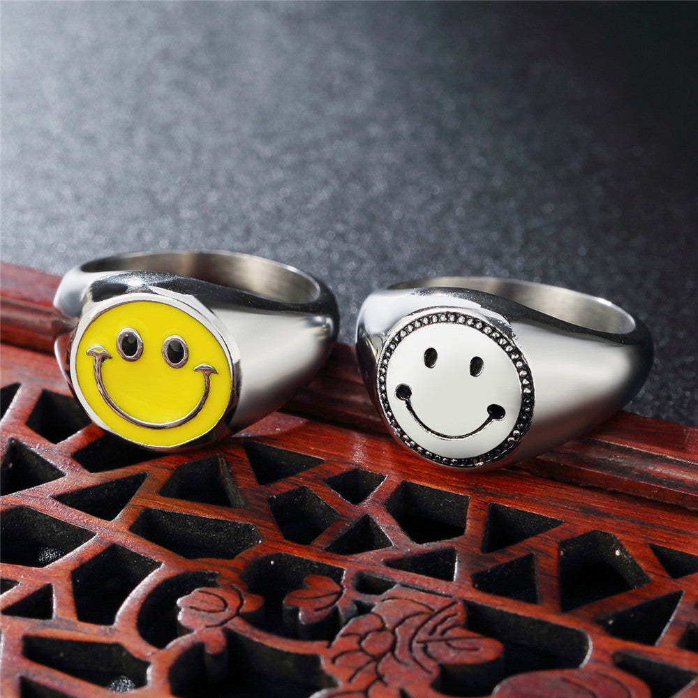 Yellow Smiley Face Expression Titanium Steel Ring with Hip Hop Style