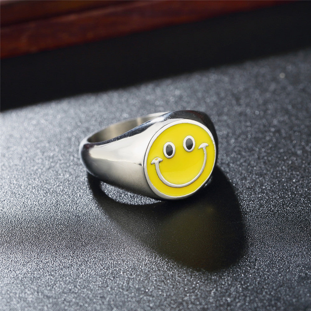 Yellow Smiley Face Expression Titanium Steel Ring with Hip Hop Style