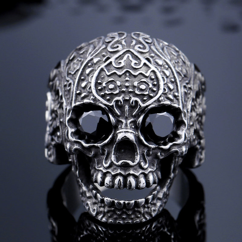 Edgy Titanium Steel Skull Ring for Men - Engraved Punk Hand Jewelry, Wholesale Available