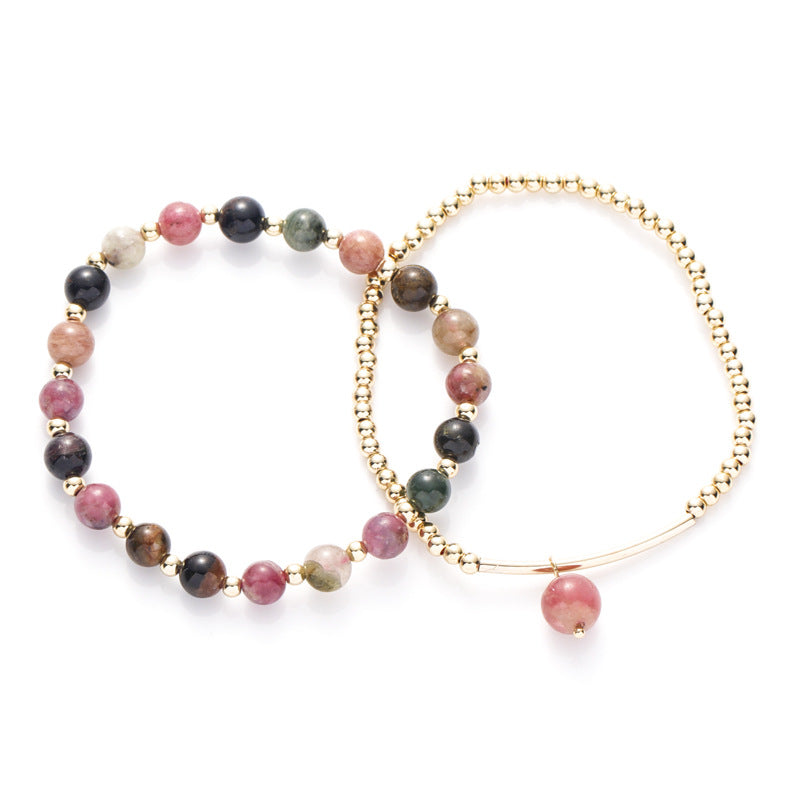 Women's Minimalist 14k Gold Plated Garnet and Tourmaline Bracelet