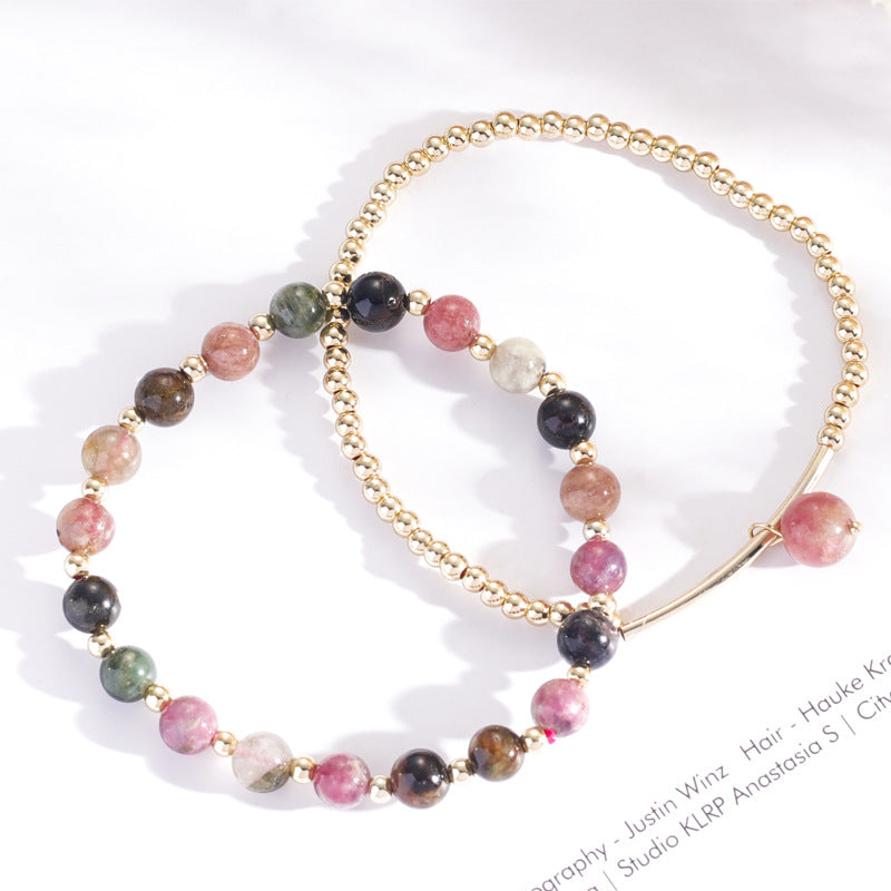 Women's Minimalist 14k Gold Plated Garnet and Tourmaline Bracelet