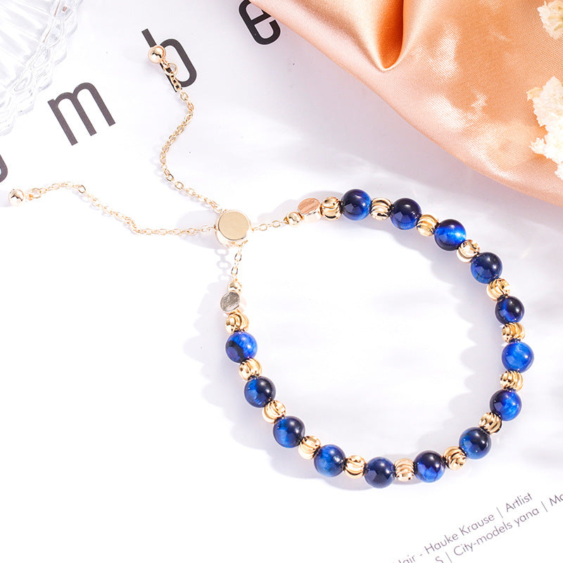 Blue Tiger's Eye and Apatite Crystal Bracelet in Korean Style with Personalization Option for Girlfriend's Birthday Gift