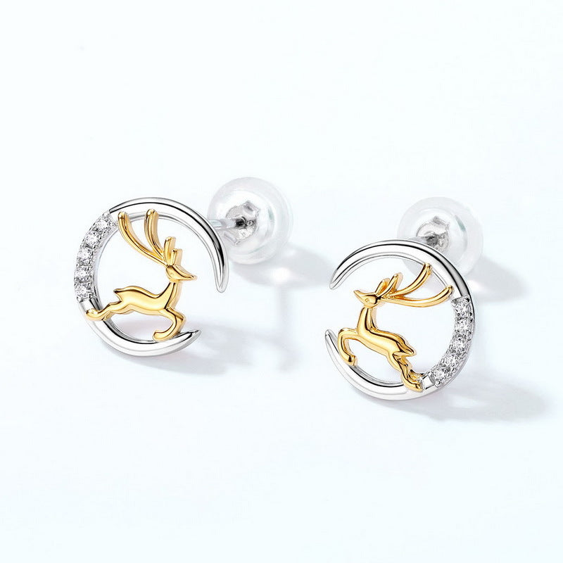 Zircon Moon Golden Elk Sterling Silver Stud Earrings