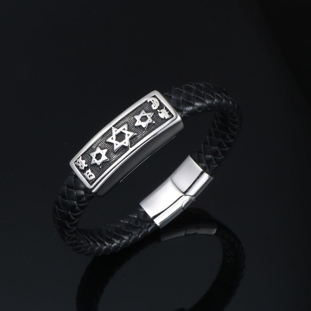 Stylish Men's Retro Punk Leather and Stainless Steel Woven Bracelet