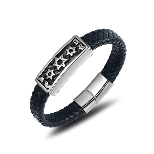 Stylish Men's Retro Punk Leather and Stainless Steel Woven Bracelet