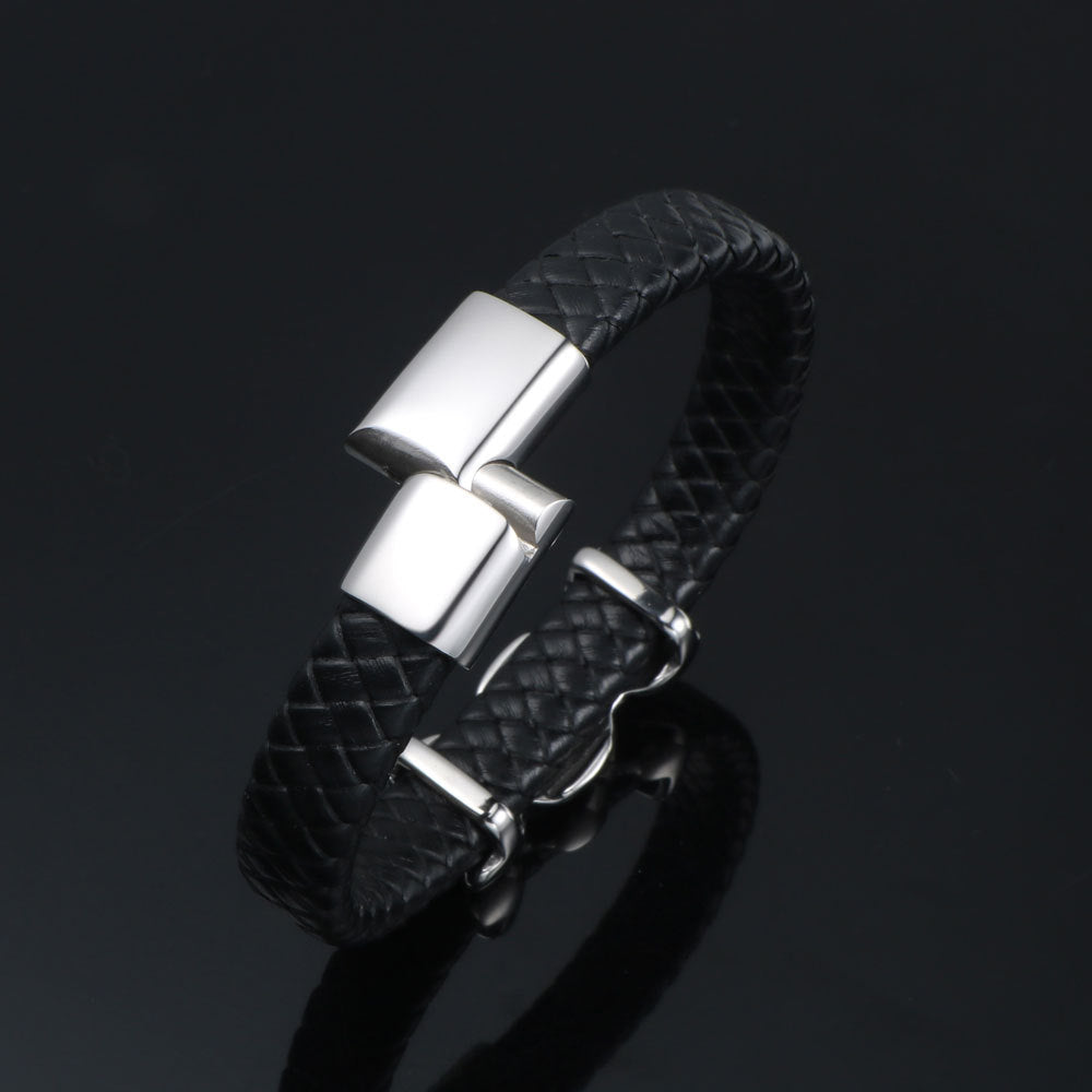 Custom Engraved Men's Woven Leather and Stainless Steel Bracelet