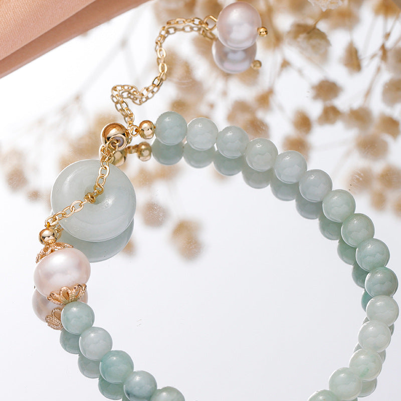 Auspicious Freshwater Pearl and Jade Bracelet with Sterling Silver Needle