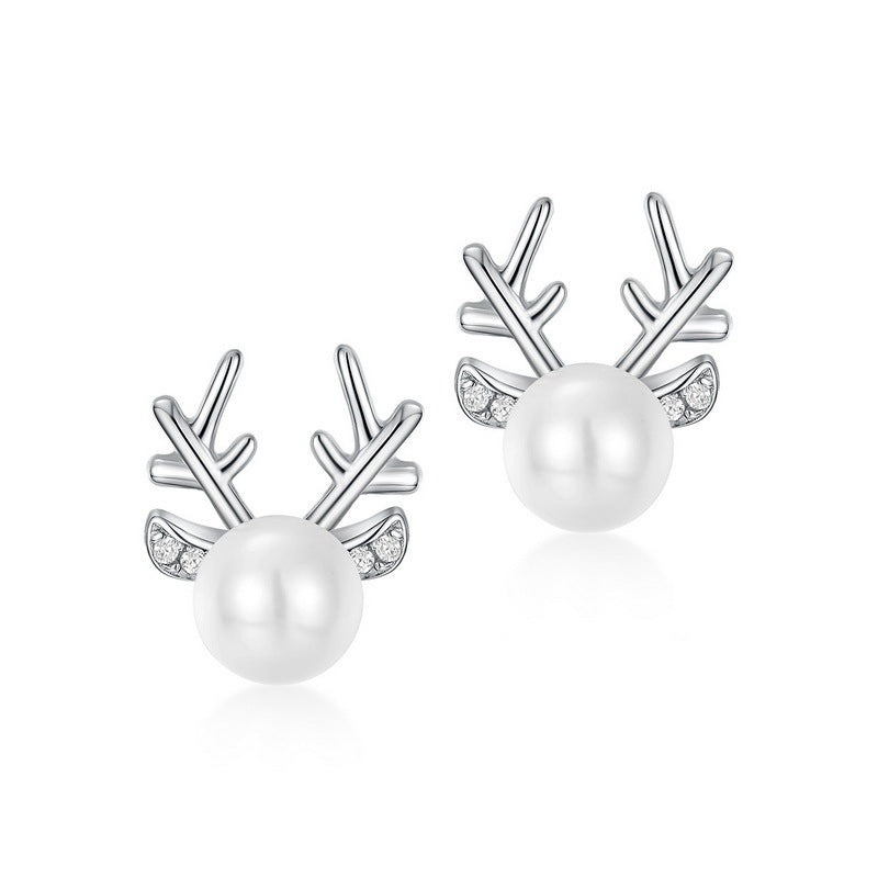 Christmas Round Pearl Zircon Reindeer Sterling Silver Stud Earrings