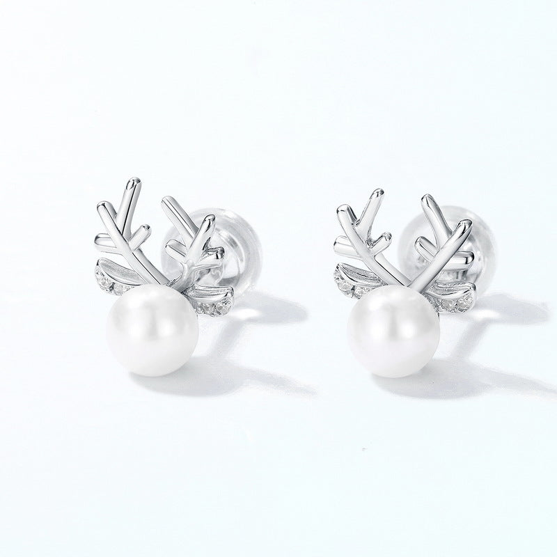 Christmas Round Pearl Zircon Reindeer Sterling Silver Stud Earrings