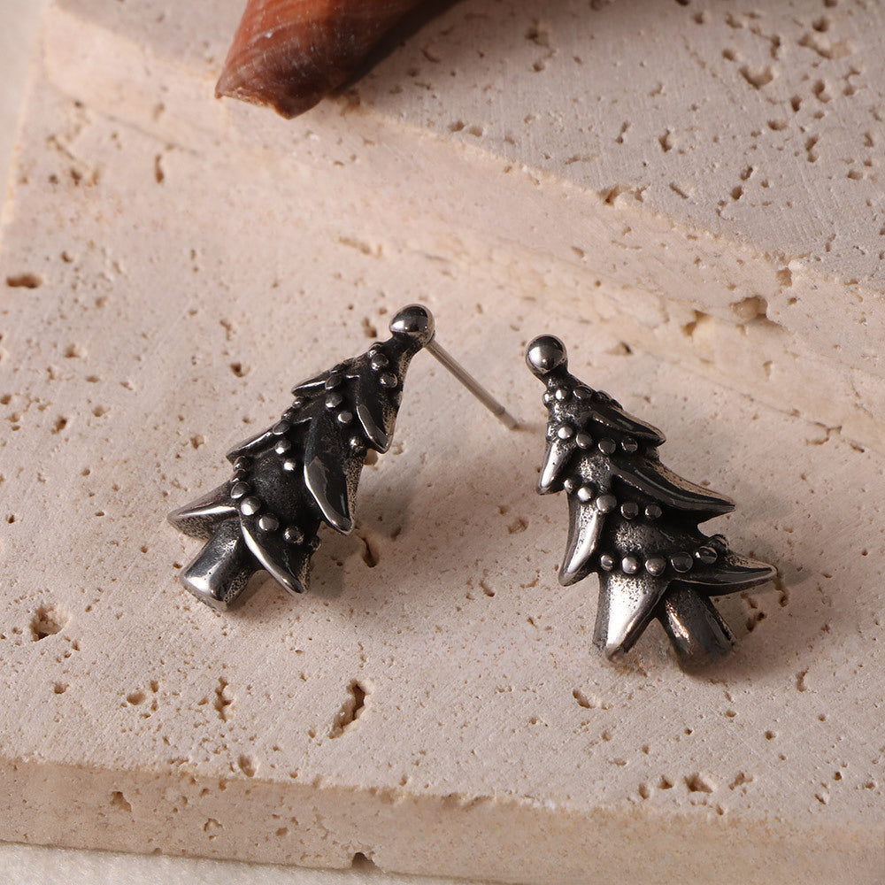 Retro Christmas Tree Stud Earrings - Trendy Stainless Steel Holiday Accessories for Men and Women