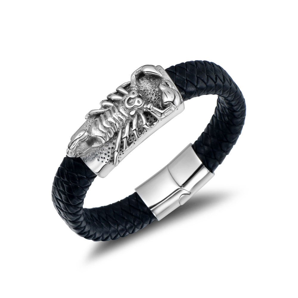 Personalized Retro Woven Leather Bracelet with Titanium Steel Scorpion Charm for Men