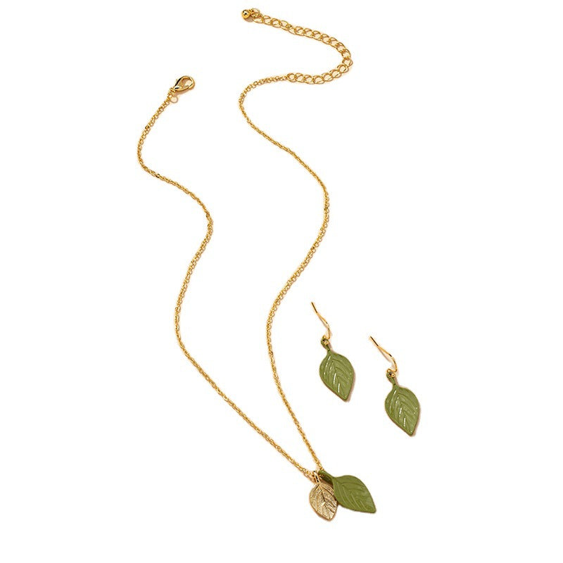 Green Leaf Earrings and Necklace Set with Cross-Border Retro Charm