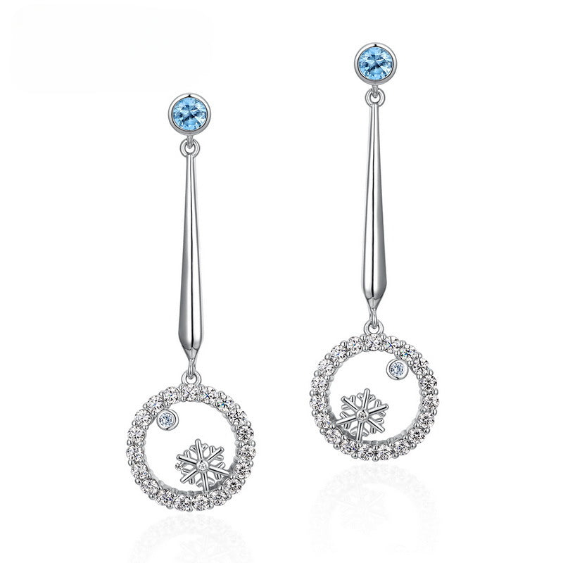 Hollow Circle Pendant Snowflake Blue Zircon Sterling Silver Drop Earrings