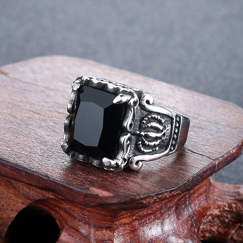 Punk-Inspired Crown Stainless Steel Ring with Black Zircon for Men - Factory Direct Sales